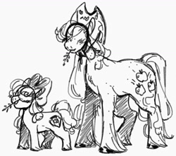 Size: 1280x1129 | Tagged: safe, artist:rare-apples, apple bloom, applejack, earth pony, pony, g4, duo, female, filly, foal, mare, siblings, sisters, sketch