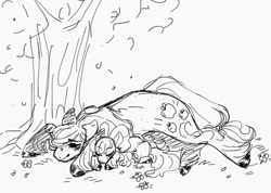 Size: 1280x909 | Tagged: safe, artist:rare-apples, apple bloom, applejack, earth pony, pony, g4, duo, female, filly, foal, mare, siblings, sisters, sketch, sleeping, tree