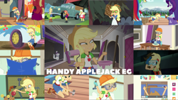 Size: 1968x1109 | Tagged: safe, edit, edited screencap, editor:quoterific, screencap, applejack, granny smith, rainbow dash, rarity, sunset shimmer, cat, human, constructive criticism, diy with applejack, driving miss shimmer, driving miss shimmer: applejack, equestria girls, equestria girls specials, g4, my little pony equestria girls: better together, my little pony equestria girls: legend of everfree, my little pony equestria girls: spring breakdown, road trippin, the finals countdown, applejack's hat, cowboy hat, female, goggles, hammer, hat, trio, trio female