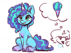 Size: 1600x1200 | Tagged: safe, artist:oofycolorful, misty brightdawn, oc, oc:oofy colorful, pony, unicorn, g5, cute, female, food, freckles, horn, ice cream, ice cream cone, mare, mistybetes, simple background, sitting, sketch, smiling, thought bubble, unshorn fetlocks, white background