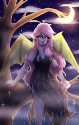 Size: 2450x3850 | Tagged: safe, artist:mylittleyuri, fluttershy, bat pony, human, g4, alternate hairstyle, bat ponified, blushing, clothes, cloud, crescent moon, cute, dress, fangs, female, flutterbat, fog, high res, humanized, moon, night, race swap, shyabates, shyabetes, solo, stars, tree, winged humanization, wings