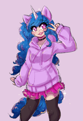 Size: 1127x1650 | Tagged: safe, artist:mylittleyuri, izzy moonbow, human, g5, blushing, choker, clothes, cute, eared humanization, female, grin, horn, horned humanization, humanized, izzybetes, peace sign, pink background, simple background, skirt, smiling, socks, solo, stockings, tail, tailed humanization, thigh highs, zettai ryouiki