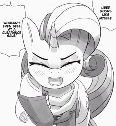 Size: 1102x1200 | Tagged: safe, artist:pabbley, rarity, pony, unicorn, g4, blushing, clothes, cute, dialogue, eyebrows, eyes closed, female, grayscale, jacket, mare, monochrome, open mouth, open smile, scarf, self deprecation, simple background, smiling, solo, speech bubble, talking to viewer, white background