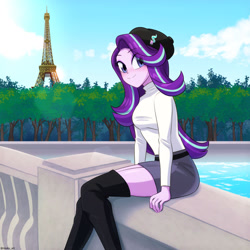 Size: 800x800 | Tagged: safe, artist:riouku, starlight glimmer, human, equestria girls, g4, beautiful, belt, beret, blushing, boots, bridge, clothes, cloud, commission, cute, eiffel tower, female, france, french, glimmerbetes, hat, high heel boots, knee-high boots, looking at you, paris, river, shoes, sitting, skirt, sky, smiling, socks, solo, sweater, thigh boots, thigh highs, tree, water, woman