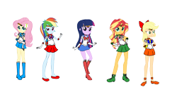 Size: 1920x1080 | Tagged: safe, artist:rollyagami02, applejack, fluttershy, rainbow dash, sunset shimmer, twilight sparkle, human, equestria girls, g4, clothes, clothes swap, cosplay, costume, sailor jupiter, sailor mars, sailor mercury, sailor moon (series), sailor venus, simple background, together, transparent background