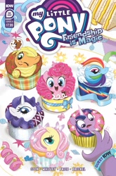 Size: 1265x1920 | Tagged: safe, idw, official comic, applejack, fluttershy, pinkie pie, rainbow dash, rarity, spike, twilight sparkle, winona, dragon, earth pony, pegasus, pony, unicorn, g4, official, anniversary, comic cover, cupcake, food, mane seven, mane six, pinkie being pinkie, plate, ribbon, sandwich, scared, sun