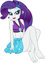 Size: 4909x6835 | Tagged: safe, alternate version, artist:emeraldblast63, rarity, equestria girls, equestria girls series, forgotten friendship, absurd resolution, barefoot, bedroom eyes, belly button, bikini, breasts, cleavage, clothes, eyebrows, eyeshadow, feet, female, fixed, looking at you, makeup, midriff, open mouth, rarity's blue sarong, rarity's purple bikini, sarong, sexy, simple background, sitting, solo, stupid sexy rarity, swimsuit, transparent background