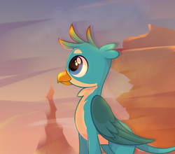 Size: 1000x878 | Tagged: artist needed, source needed, safe, gallus, griffon, g4, the hearth's warming club, cute, folded wings, gallabetes, male, rock, smiling, solo, sunset, wings