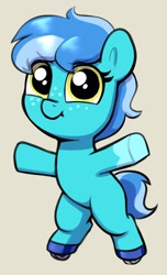Size: 1024x1680 | Tagged: safe, artist:heretichesh, oc, oc:saltwater toffy, earth pony, pony, beige background, bipedal, cute, female, filfil, filly, foal, looking at you, ocbetes, roller skates, simple background, smiling, smiling at you, smol, solo, traditional art, underhoof
