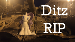 Size: 4000x2250 | Tagged: safe, artist:ditz, rarity, pony, g4, album cover, comments locked down, in memoriam, irl, military, murder, night, photo, plushie, solo, tank (vehicle)