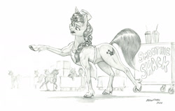 Size: 1600x1016 | Tagged: safe, artist:baron engel, sunny starscout, earth pony, pony, g5, apron, braid, clothes, concave belly, cup, female, hat, hoof fluff, hooves, mare, open mouth, pencil drawing, pointing, quadrupedal, scrunchie, signature, slender, smoothie, standing, thin, traditional art, unshorn fetlocks