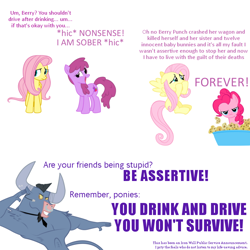 Size: 750x750 | Tagged: safe, artist:sparklepeep, berry punch, berryshine, fluttershy, iron will, pinkie pie, earth pony, minotaur, pegasus, pony, g4, announcement, bowl, dialogue, drunk, female, flying, food, forever, frown, grapes, hiccup, implied death, male, mare, pinkie pie is not amused, public service announcement, sad, simple background, smiling, sponge, spread wings, strawberry, text, unamused, white background, wings, worried