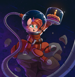 Size: 1639x1677 | Tagged: safe, artist:rexyseven, oc, oc only, oc:rusty gears, pony, birthday, cake, food, heterochromia, solo, space, space helmet, spacesuit