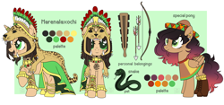 Size: 9200x4300 | Tagged: safe, artist:elberas, oc, oc only, oc:marenalaxochi, oc:pancita, pegasus, pony, snake, unicorn, absurd resolution, arrow, aztec, boots, bow, bracelet, cape, clothes, duo, eye scar, feather, female, freckles, headress, hoof shoes, horn, horn ring, jaguar, jewelry, lesbian, macuahuitl, mare, oc x oc, open mouth, pelt, poncho, reference sheet, ring, robe, scar, shipping, shoes, socks, sombrero, sword, tattoo, weapon