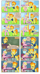 Size: 4108x7616 | Tagged: safe, artist:greenbrothersart, meadow flower, spitfire, pegasus, pony, g4, angry, button, classroom, clothes, comic, duo, duo female, female, hoof in mouth, mare, rainbow waterfall, runway, speech bubble, spitfire's tie, spitting, tongue out, uniform, wonderbolt trainee uniform, wonderbolts dress uniform, yelling