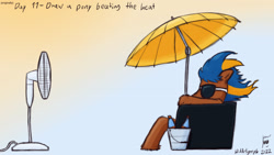 Size: 1920x1080 | Tagged: safe, artist:hiddelgreyk, oc, oc only, pony, bucket, chair, electric fan, fan, male, maxell, newbie artist training grounds, parody, relaxing, signature, simple background, sitting, solo, stallion, sunglasses, umbrella, windswept mane