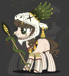 Size: 3384x3688 | Tagged: safe, artist:elberas, oc, oc only, oc:chicomecoatl, earth pony, pony, snake, aztec, clothes, ear piercing, earring, feather, female, fingerless gloves, gloves, grin, headress, high res, jewelry, mare, markings, nose piercing, nose ring, piercing, regalia, smiling, socks, solo, spear, stockings, striped socks, thigh highs, weapon
