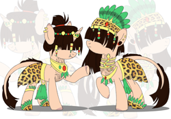 Size: 5312x3700 | Tagged: safe, artist:elberas, oc, oc only, oc:li-ome, oc:pat-ome, dracony, dragon, earth pony, hybrid, pony, unicorn, aztec, belt, clothes, duo, ear piercing, earring, fangs, female, hair over eyes, headress, hoof shoes, horn, horn ring, jewelry, leonine tail, mare, markings, necklace, piercing, raised hoof, regalia, ring, siblings, sisters, skirt, tail, tattoo, twins, zoom layer