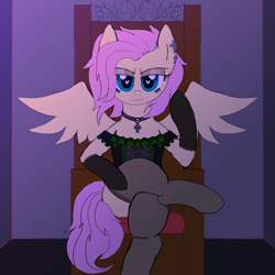 Size: 3500x3500 | Tagged: safe, artist:legendoflink, fluttershy, pegasus, pony, g4, alternate hairstyle, chair, choker, clothes, corset, crossed legs, ear piercing, female, fluttergoth, high res, looking at you, mare, piercing, short mane, simple background, sitting, solo, spread wings, stockings, thigh highs, wingding eyes, wings