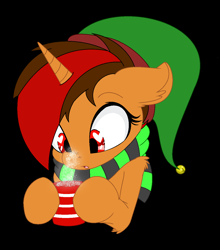 Size: 1148x1304 | Tagged: safe, artist:emilz-the-half-demon, oc, oc only, oc:pyre quill, pony, unicorn, black background, chocolate, clothes, cup, food, hat, heart, heart eyes, hot chocolate, red eyes, scarf, simple background, solo, striped scarf, wingding eyes