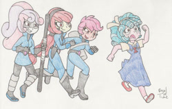 Size: 1122x712 | Tagged: safe, artist:bageloftime, apple bloom, cozy glow, scootaloo, sweetie belle, human, equestria girls, g4, chase, cutie mark crusaders, equestria girls-ified, female, group, ninja, quartet, running, teary eyes, traditional art