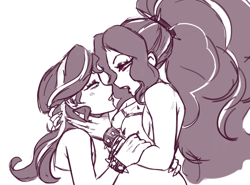 Size: 1058x781 | Tagged: safe, artist:nire, adagio dazzle, sunset shimmer, human, equestria girls, g4, bare shoulders, bedroom eyes, bracelet, breasts, duo, eye contact, eyeshadow, female, green eyes, hand on neck, jewelry, lesbian, lipstick, looking at each other, looking at someone, makeup, monochrome, red eyes, ship:sunsagio, shipping, sideboob, sketch, sleeveless, spiked wristband, wristband