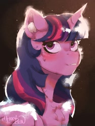 Size: 1152x1536 | Tagged: safe, artist:mikkybun, twilight sparkle, alicorn, pony, g4, blushing, bust, chest fluff, cute, ear fluff, female, grin, looking up, mare, signature, smiling, solo, twiabetes, twilight sparkle (alicorn)