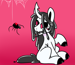 Size: 1192x1018 | Tagged: safe, artist:paperbagpony, oc, oc:neeble, black widow, monster pony, original species, spider, black saliva, black sclera, cloven hooves, crooked horn, drool, gooey, horn, incorrect black widow marking placement, long ears, looking back, male, multiple eyes, red eyes, scar, spider web, tail, tongue out, wet, wet mane, wet tail