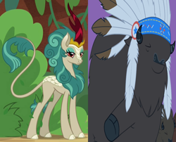 Size: 930x750 | Tagged: safe, edit, edited screencap, screencap, chief thunderhooves, rain shine, bison, buffalo, kirin, g4, over a barrel, sounds of silence, cloven hooves, crack shipping, cropped, eyes closed, eyeshadow, feather, female, interspecies, lidded eyes, makeup, male, shipping, shipping domino, straight, thundershine