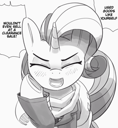 Size: 2709x2950 | Tagged: safe, artist:pabbley, edit, rarity, pony, unicorn, g4, blushing, clothes, cute, dialogue, eyebrows, eyes closed, female, grayscale, high res, insult, jacket, manga style, mare, monochrome, open mouth, open smile, scarf, simple background, smiling, solo, speech bubble, talking to viewer, white background