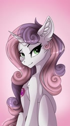 Size: 1136x2048 | Tagged: safe, artist:disarrayedfay, part of a set, sweetie belle, pony, unicorn, g4, ear fluff, eyebrows, female, looking at you, mare, older, older sweetie belle, raised eyebrow, raised hoof, smiling, smiling at you, solo