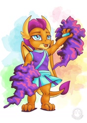 Size: 955x1351 | Tagged: safe, artist:mysticalpha, smolder, dragon, g4, cheerleader, cheerleader outfit, cheerleader smolder, clothes, dragoness, female, open mouth, open smile, pom pom, skirt, smiling, solo