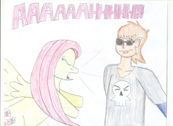 Size: 3510x2550 | Tagged: safe, artist:trainsandcartoons, fluttershy, human, pegasus, pony, g4, 2015, clothes, dialogue, eyes closed, female, glasses, hi hi puffy ami yumi, high res, male, mare, n. stan gatorr, old art, pencil drawing, screaming, shirt, skull, spread wings, story included, sunglasses, text, traditional art, wings