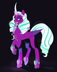 Size: 1826x2292 | Tagged: safe, artist:aztrial, opaline arcana, alicorn, pony, g5, spoiler:g5, spoiler:my little pony: make your mark, concave belly, curved horn, eyebrows, eyeshadow, female, folded wings, grin, high res, horn, long legs, looking at you, makeup, mare, raised hoof, shadow, slender, smiling, smiling at you, solo, tall, thin, wings