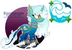 Size: 1024x717 | Tagged: safe, artist:kazziepones, oc, oc only, oc:oceana, pony, unicorn, curved horn, cutie mark, ear piercing, female, horn, jewelry, mare, piercing, simple background, smiling, solo, standing, transparent background, unshorn fetlocks, watermark