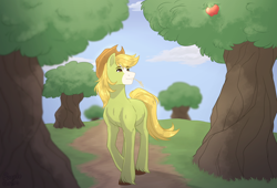 Size: 2500x1700 | Tagged: safe, artist:purplegrim40, oc, oc only, earth pony, pony, apple, apple tree, food, male, solo, stallion, straw in mouth, tree