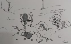 Size: 2048x1276 | Tagged: safe, artist:pony quarantine, apple bloom, oc, oc:snow sitter, earth pony, pony, yakutian horse, g4, cap, carrot, clothes, duo, eating, female, filly, foal, food, grayscale, hat, lying down, mare, monochrome, prone, scarf, snow, snowman, traditional art