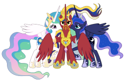 Size: 4321x2902 | Tagged: source needed, safe, anonymous artist, princess celestia, princess luna, oc, oc:king equus, alicorn, pony, g4, alicorn oc, beard, bedroom eyes, brother, brother and sister, canon x oc, cheek kiss, crown, cute, cutelestia, ethereal mane, ethereal tail, eye scar, eyebrows, eyelashes, eyes open, facial hair, family, female, happy, high res, horn, hug, implied fausticorn, jewelry, king, kissing, looking at you, lunabetes, male, mare, moon, moustache, raised hoof, regalia, royal sisters, royalty, scar, siblings, simple background, sister, sisters, smiling, spread wings, stallion, sun, tail, transparent background, wall of tags, white background, winghug, wings