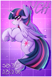 Size: 2001x2933 | Tagged: safe, artist:kannakiller, twilight sparkle, alicorn, pony, g4, auction, auction open, blushing, butt, commission, digital art, high res, horn, looking at you, plot, sketch, solo, twilight sparkle (alicorn), wings, ych example, your character here