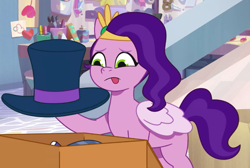 Size: 885x593 | Tagged: safe, screencap, pipp petals, pegasus, pony, g5, my little pony: tell your tale, starscout code, spoiler:g5, spoiler:my little pony: tell your tale, spoiler:tyts01e24, cropped, female, hat, headband, jewelry, mare, regalia, solo, tongue out, top hat