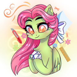 Size: 2500x2500 | Tagged: safe, artist:stesha, oc, oc only, oc:fresh cabbage, pegasus, pony, bow, bust, chest fluff, cute, female, floating wings, freckles, hair bow, high res, looking at something, mare, origami, smiling, solo, wings