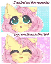 Size: 2000x2500 | Tagged: safe, artist:saltyvity, fluttershy, pegasus, pony, g4, :p, big eyes, blue background, blushing, comics, cute, cute face, cute smile, daaaaaaaaaaaw, ear fluff, embarrassed, face licking, fluffy, green eyes, heart, high res, licking, pink background, pink hair, pink mane, positive ponies, shyabetes, simple background, solo, sweet dreams fuel, tongue out, weapons-grade cute