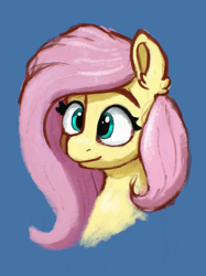 Size: 2048x2732 | Tagged: safe, artist:phutashi, fluttershy, pegasus, pony, g4, blue background, bust, ear fluff, female, high res, mare, simple background, smiling, solo