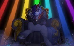 Size: 4872x3000 | Tagged: safe, artist:snail 9, oc, oc only, oc:ray frok, fanfic:rainbow factory, clothes, fanfic art, female, hat, hat tip, jacket, jewelry, liquid rainbow, mare, necklace, not rarity, solo, spectra, throne