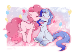 Size: 2178x1585 | Tagged: safe, artist:qamar, pinkie pie, oc, oc:ray frok, earth pony, pony, g4, blushing, boop, canon x oc, chest fluff, duo, floating heart, heart, noseboop, shipping