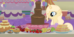 Size: 1280x640 | Tagged: safe, artist:cindystarlight, oc, oc only, oc:sandy sunny, pony, unicorn, apple, base used, berry, cake, chocolate fountain, female, food, mare, solo, strawberry