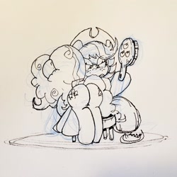 Size: 1814x1814 | Tagged: artist needed, safe, applejack, pinkie pie, earth pony, pony, g4, 4chan, abuse, angry, applejack is a spankaholic, balloonbutt, brush, butt, duo, hairbrush, monochrome, over the knee, pinkiebuse, plot, punishment, simple background, sitting, spanking, stool, traditional art, white background