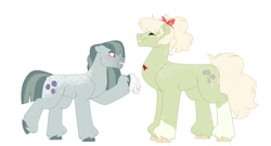 Size: 1280x692 | Tagged: safe, artist:itstechtock, marble pie, oc, oc:cloudy cortland, earth pony, pony, g4, female, mare, mother and child, mother and daughter, not granny smith, offspring, parent:big macintosh, parent:marble pie, parents:marblemac, simple background, white background