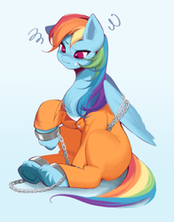 Size: 2200x2800 | Tagged: safe, artist:chrryart06, rainbow dash, pegasus, pony, g4, bound wings, clothes, commission, cuffs, high res, never doubt rainbowdash69's involvement, prison outfit, prisoner rd, solo, sweat, sweatdrop, wings