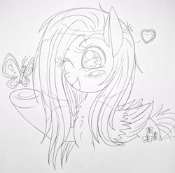 Size: 2126x2102 | Tagged: safe, artist:ponywarlord777, derpibooru exclusive, fluttershy, butterfly, pegasus, pony, g4, anime, cute, floating heart, heart, high res, one eye closed, open mouth, open smile, sketch, smiling, solo